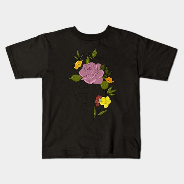 Abstract woman face with roses line art Kids T-Shirt by metisartdesign